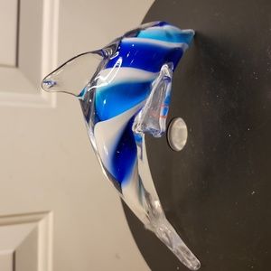 Art Glass Blue and White Hand Blown Glass Dolphin 6"